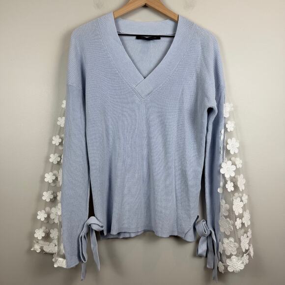 French Connection Caballo Sweater Women XS Blue Lace Arm Panel Boho Coquette - Picture 2 of 10